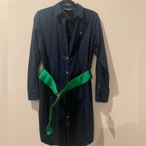 NWT Vintage Ralph Lauren Navy Shirt Dress with Green Belt